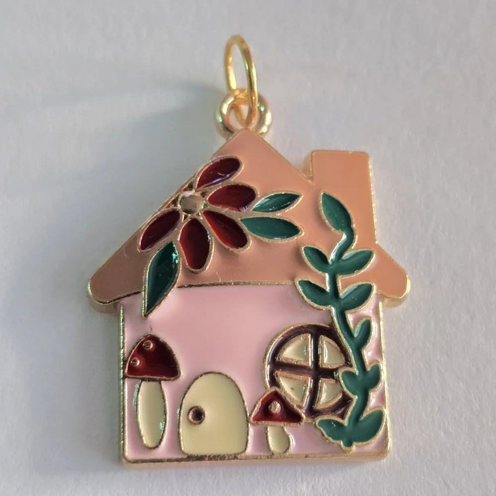 Pink House with mushroom pendant charm enamel gold tone cozy home cottage